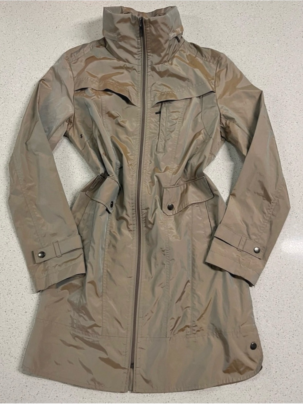 Cole Haan Iridescent Taupe Trench Coat with High Collar